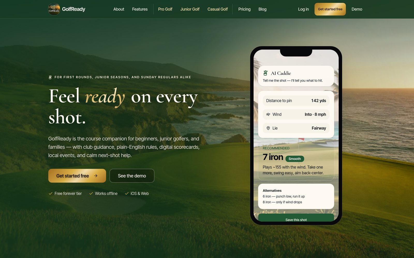 Interface preview of GolfReady — Feel ready on every shot.