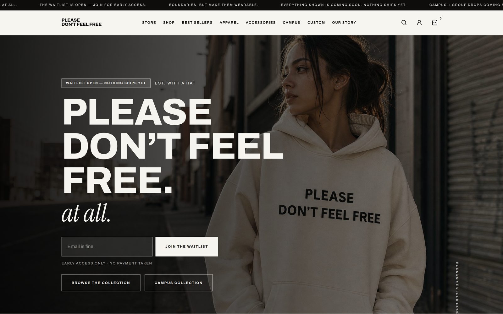 Interface preview of Please Don’t Feel Free — Boundaries, but wearable.