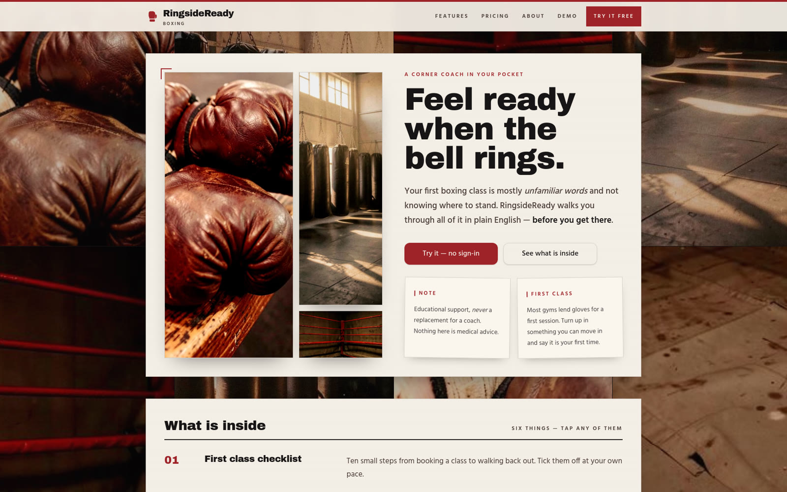 Interface preview of Ringside Ready Boxing — Feel ready when the bell rings.