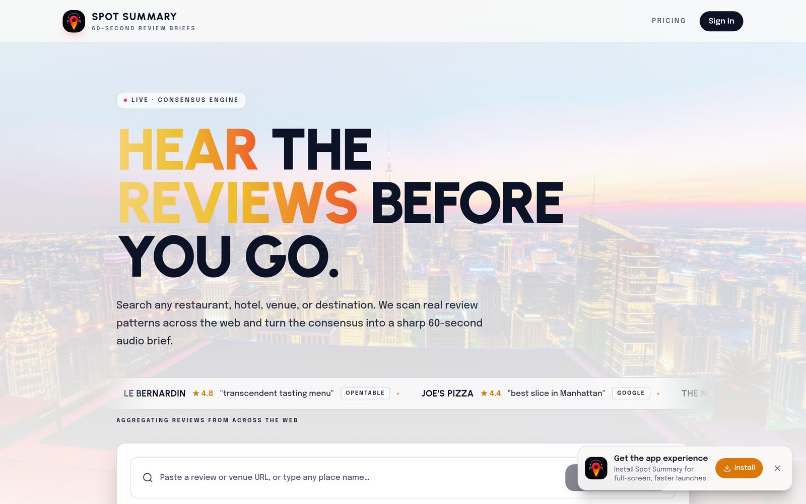 Interface preview of Spot Summary — Hear the reviews before you go.